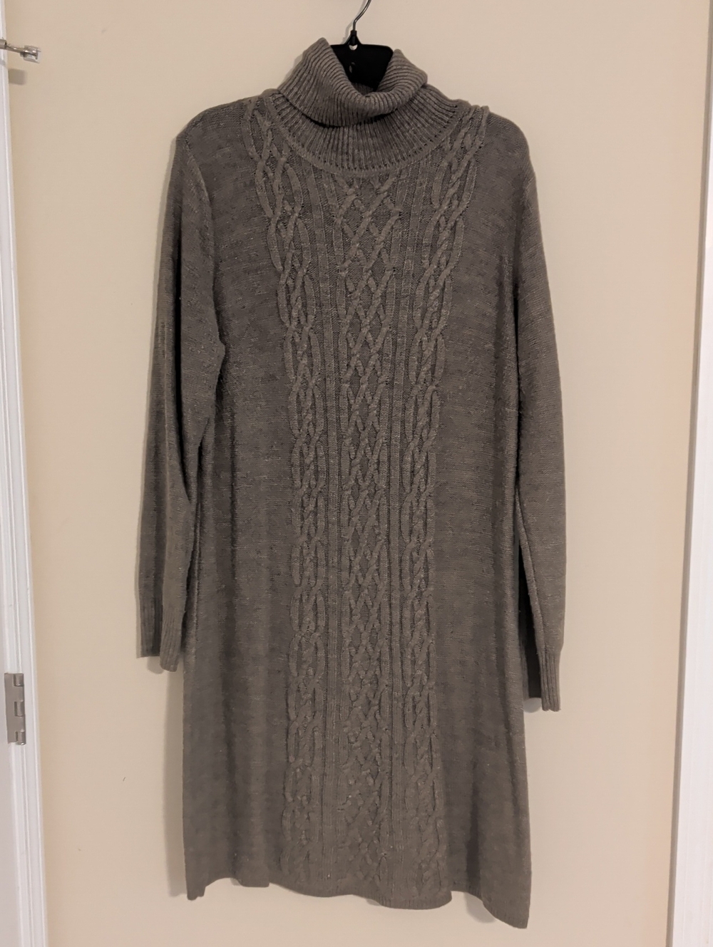 Turtleneck Cable Knit Sweater Dress - Light Brown